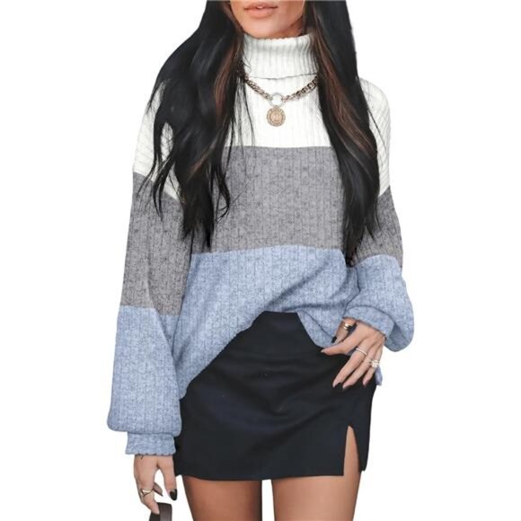 Oversized Boho Color Block Turtleneck Sweater | Cozy Fall & Winter Tunic Top - Picture 1 of 5